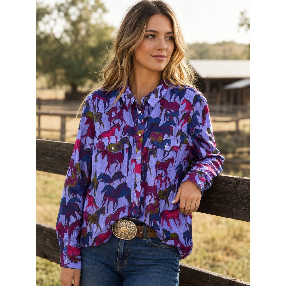 Sundance Equestrian Shirt Horse Print Pearl Snap Rodeo Cowgirl Western Ranch L